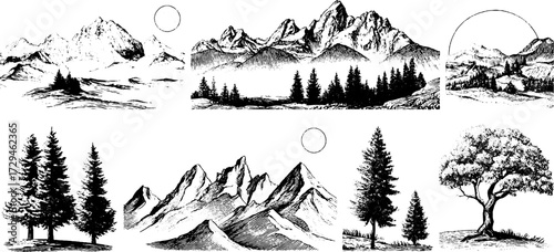 Vintage hand drawn engraving of mythical landscapes for retro design projects