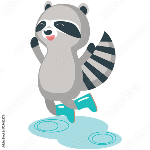 Vector raccoon illustration. Autumn animal icon. Isolated cartoon happy funny character cute wearing rubber rain boots jumping in puddle on white background