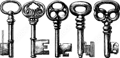 Vintage ornate antique keys engraved illustration collection for design and decor