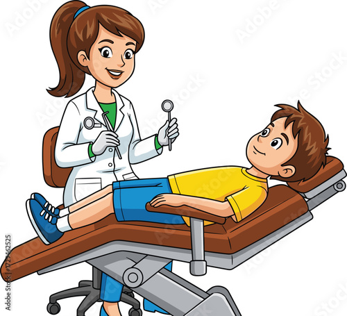 Cartoon illustration of a smiling female dentist examining young boy patient on dental chair, pediatric dental care, oral hygiene and healthy teeth concept.