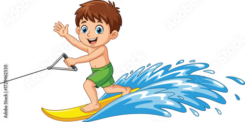 Cartoon illustration of a happy boy water skiing on waves with yellow board, summer vacation fun, outdoor adventure and aquatic sports activity.