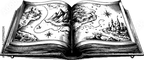 Vintage engraved illustration of open treasure map with mountains and castle for retro design