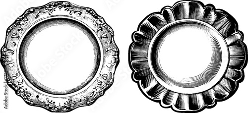 Ornate dinner plates engraving set for vintage design and decor projects
