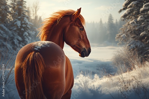 Gorgeous crimson stallion glancing behind during snowy season