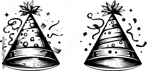 Vintage hand-drawn engraving of festive party hats with decorative details