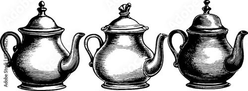 Vintage porcelain teapots engraved set with decorative sketch for design