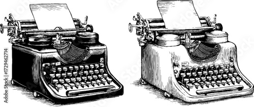 Vintage engraved illustration set of classic portable typewriters