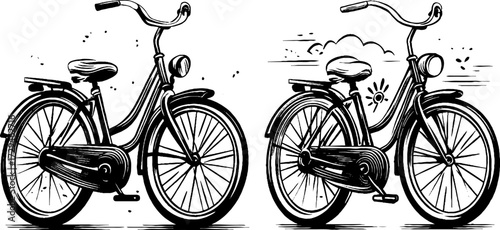 Vintage bicycle set: hand drawn engravings for retro design and prints