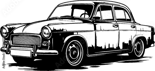 Vintage engraved illustration of retro car silhouette