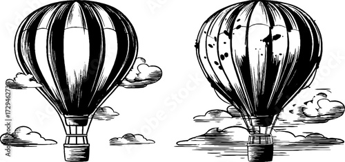 Vintage hot air balloon sketch set for retro designs and decorations