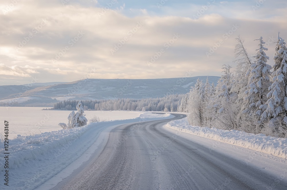 Obraz premium Scenic frozen pathway during a chilly winter day