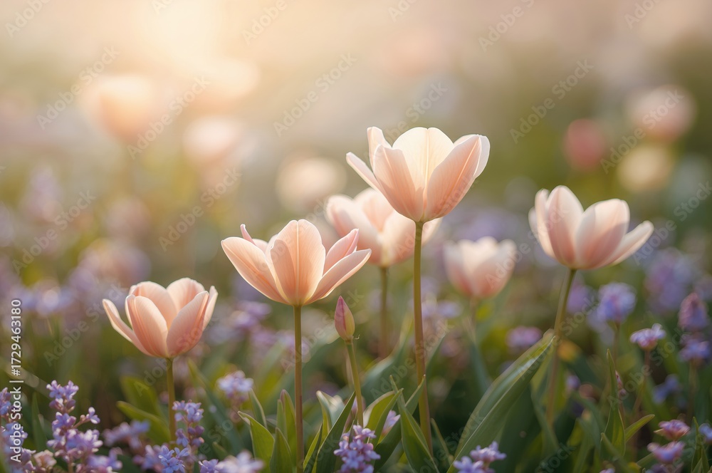 Obraz premium Delicate apricot tulips with small blooms in a sunlit pastel spring setting, selective focus