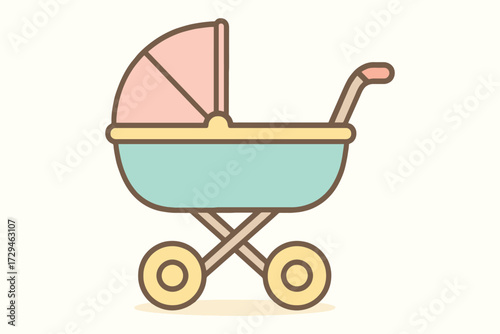 Cute pastel baby carriage or stroller with a pink canopy and teal bassinet on a light background