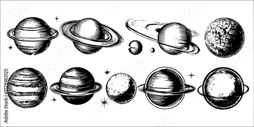 Vintage engraved illustration of the solar system, detailed celestial chart in classic astronomical design.
