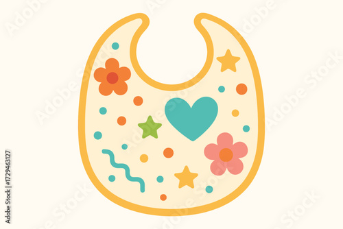 Cute cartoon baby bib with colorful polka dots hearts and flowers on a light background