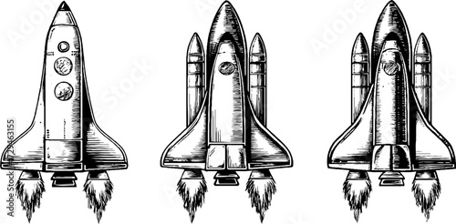 Vintage engraved illustration of space shuttle silhouettes for retro design