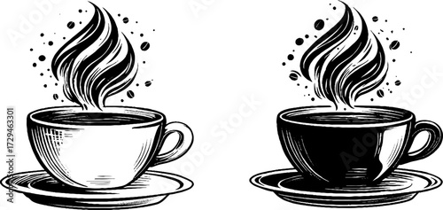 Vintage engraved illustration set of steaming coffee cups for retro design projects
