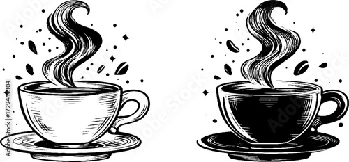 Engraved sketch of steaming coffee cups for cafe decor and design