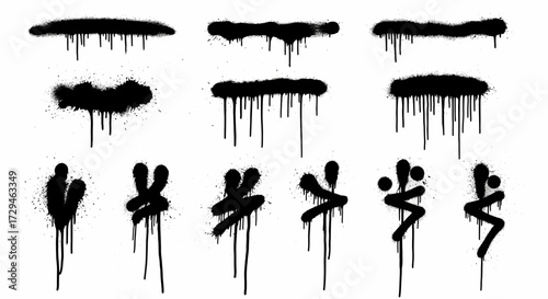 Collection of Dynamic Black Spray Paint Drips and Splatter Effects for Urban Art and Design Projects