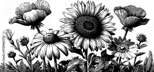 Vintage engraved illustration of summer flowers including sunflowers and daisies for decorative design