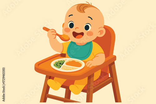 Happy baby eating food in high chair with spoon and bib