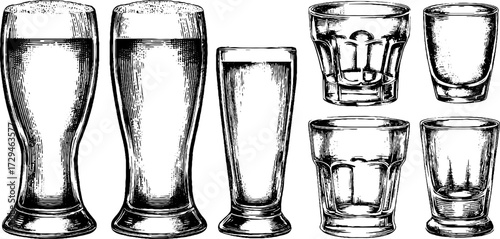 Vintage hand-drawn engraved illustration of tall and short beer glasses for retro design