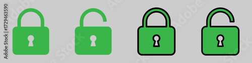 Lock icon collection. Locked and unlocked green, black, white, transparent, red line icon set. Flat security symbol. Vector illustration