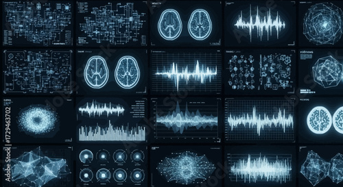 Futuristic Digital Displays Showing Scientific Data Brain Scans Audio Waves and Neural Network Patterns in Blue Tones
