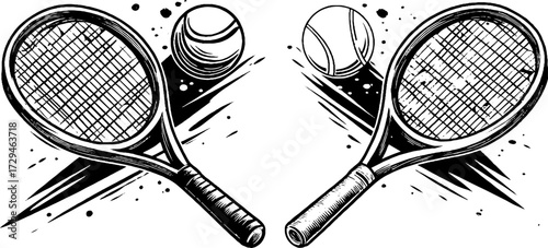 Vintage engraved illustration set of tennis rackets with balls for sports design