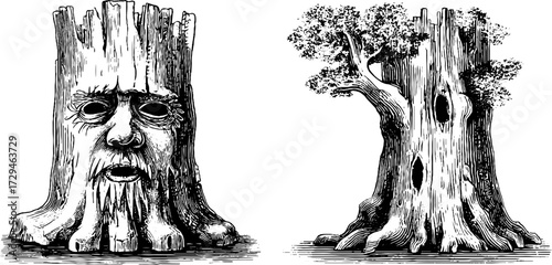 Enigmatic tree spirit faces engraving for retro designs and posters