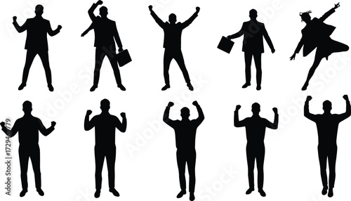 Silhouette, victory, success, celebration, business, power, pose, confidence, achievement, triumph