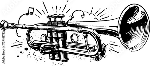 Vintage trumpet engraving: hand-drawn brass instrument sketch for music enthusiasts and design projects