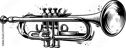 Vintage engraved brass trumpet illustration for musical design projects