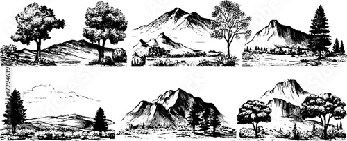 Vintage engraved set of valley terrain topography sketches for design and decoration