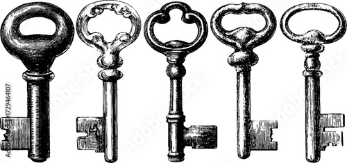 Vintage key bundle engraved illustration set for retro design and decoration
