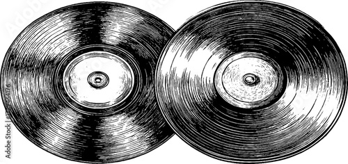 Vintage engraved sketch of vinyl record set perfect for retro design and poster decoration