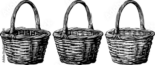 Vintage wicker market basket set engraving for retro design and decor