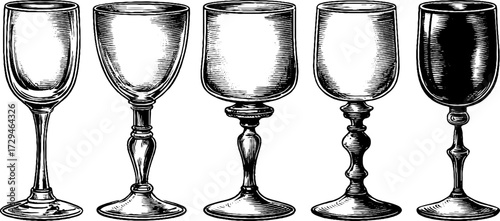 Vintage engraving of wine and champagne glasses set for design and decoration