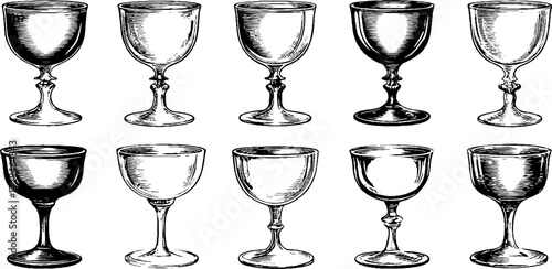 Elegant wine and champagne glasses vintage engraving set for design and decoration