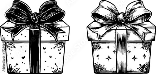 Vintage christmas gift boxes with bows engraved set for holiday design and decoration
