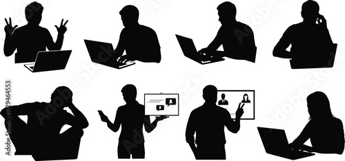 Technology silhouettes, laptop users, smartphone, digital communication, remote work, online meeting, multitasking, stress, celebration, teamwork, internet, office, 