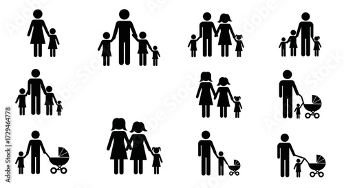 Diverse Family Representations in Simple Stick Figure Icons Showing Various Family Units and Relationships With Children and Strollers