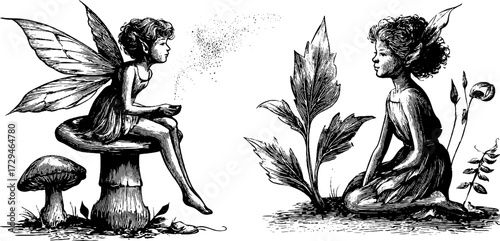 Enchanting fairies and sprites set - vintage engraved illustration for design and decor