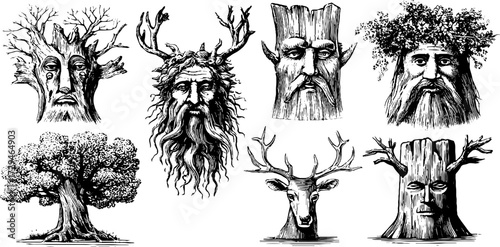 Enchanted forest spirits engraved illustration collection for fantasy art design