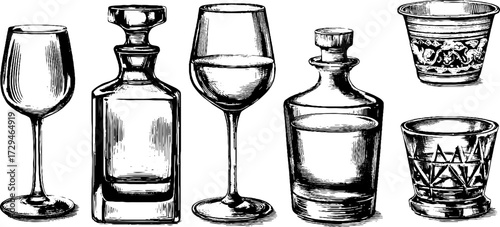 Vintage glassware assortment engraved illustrations for design and decor