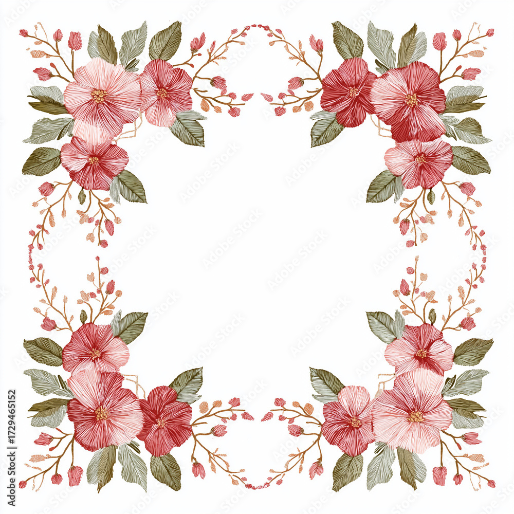 Obraz premium embroidery illustration of square decorative frame with flowers and leaves