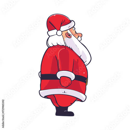 A cartoon illustration of Santa Claus in his traditional red suit, viewed from the side.