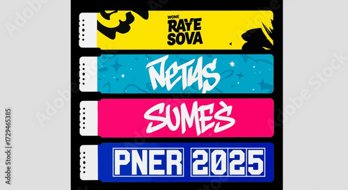 Futuristic Festival Wristbands Featuring Vibrant Colors and Bold Typography for 2025 Events