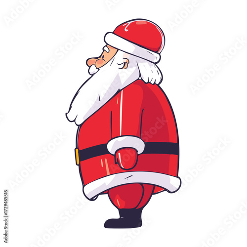 Cartoon depiction of Santa Claus in a red suit with white trim, standing in profile.