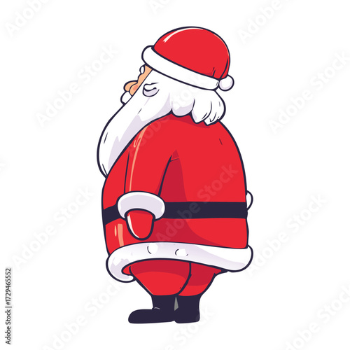 Cartoon illustration of Santa Claus standing with his back turned, wearing his traditional red suit and hat.